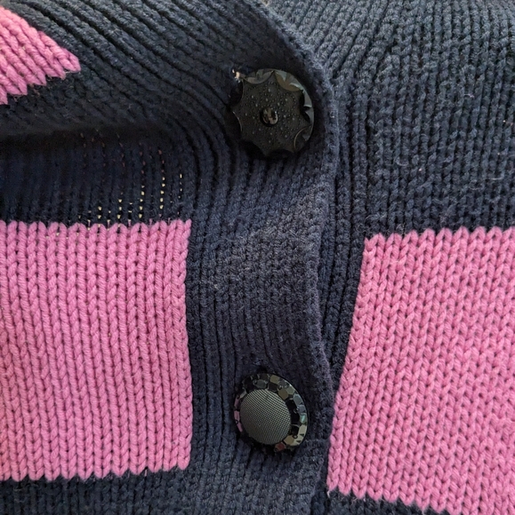 Handmade No Tag Baggy Pink & Navy Blue Cardigan Custom Buttons L - Picture 4 of 5